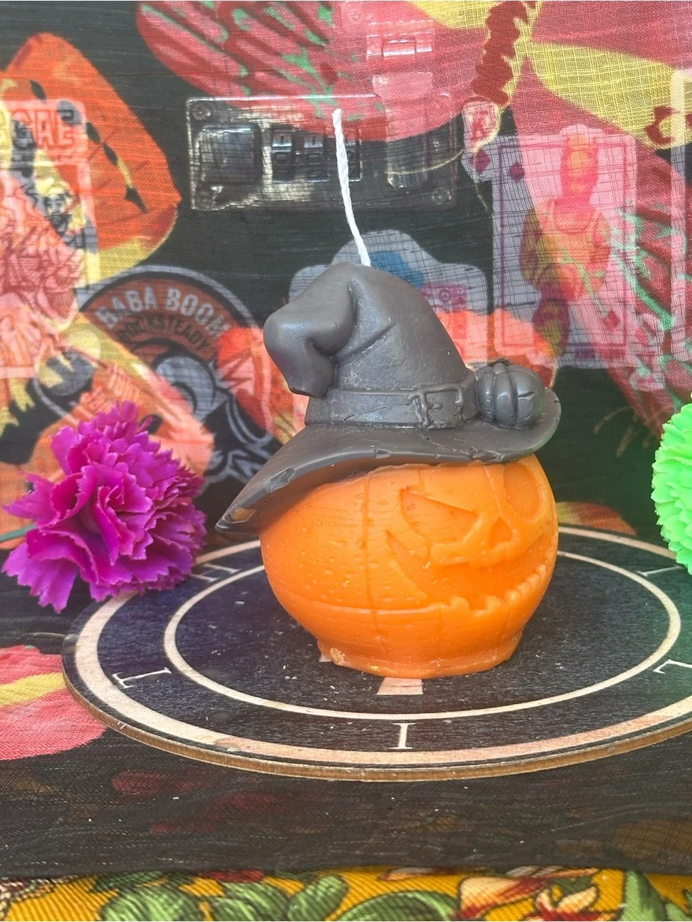 Hand Crafted Orange Pumpkin Candle with Black Witch Hat